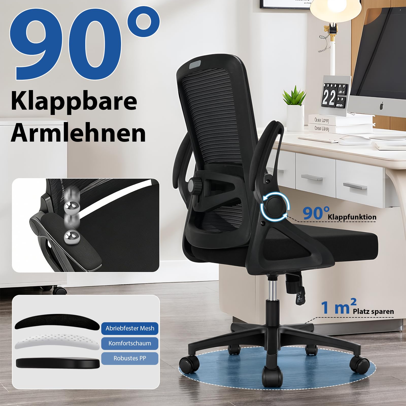 Milacyee Bürostuhl Ergonomisch, Schreibtischstuhl mit Verstellbarer 4D Lendenwirbelstütze, Drehstuhl mit klappbaren Armlehnen, Computerstuhl mit 90°-125° Wippfunktion, Netzstuhl bis 130 kg (Schwarz)