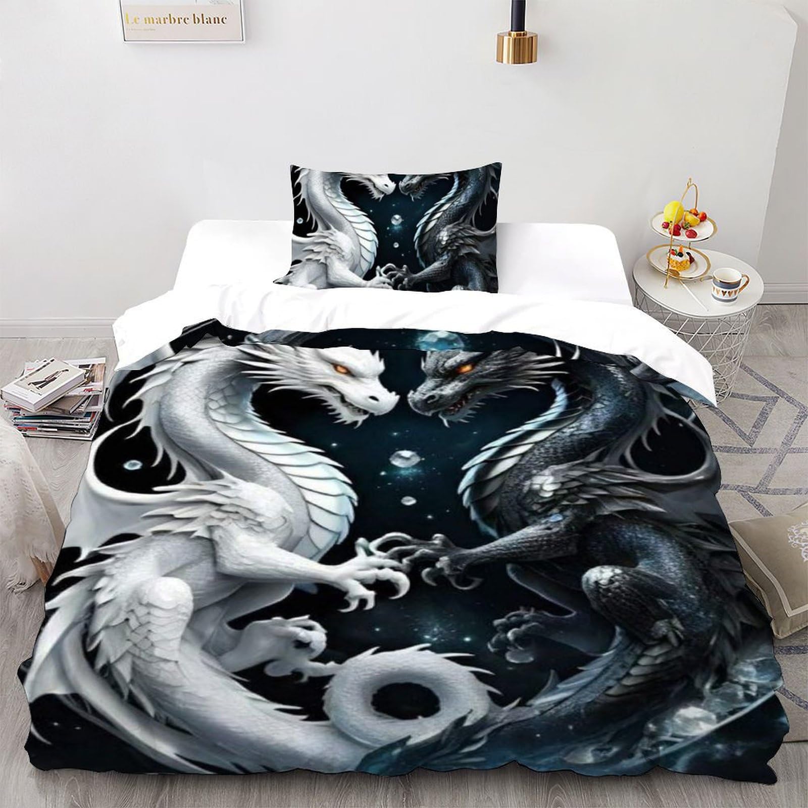 Housse de couette dragon 135x200 noir et blanc flying animaux
