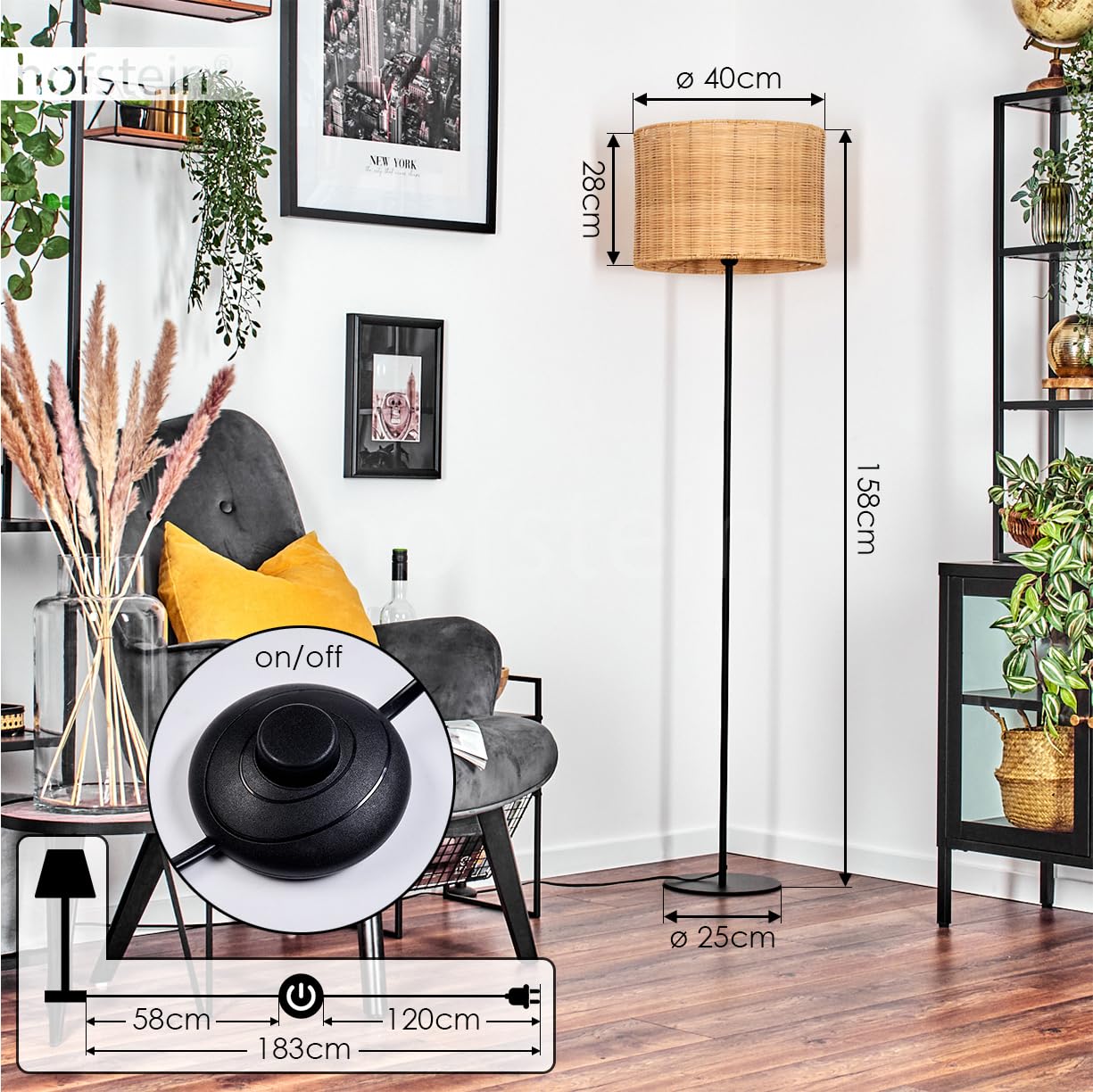 Stehleuchte Cavaca, Stehlampe aus Metall/Bambus in Schwarz/Natur, Leuchte im skandinavischen Design mit rundem Schirm (Ø 40 cm) u. Fußschalter, Höhe 158 cm, 1 x E27, ohne Leuchtmittel