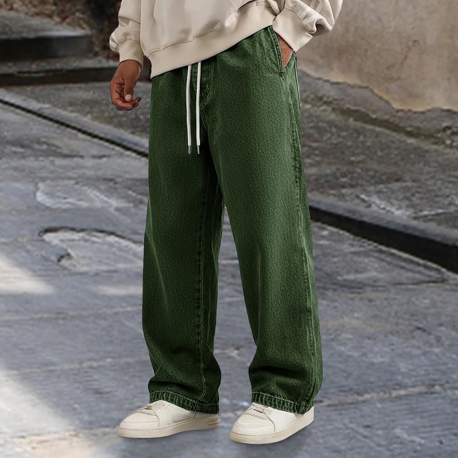 HJINGSUN Mens Jeans Loose Wide Leg Elastic Waist Denim Pants Vintage Hip Hop Skater Trousers Y2k Clothes Stylish Streetwear