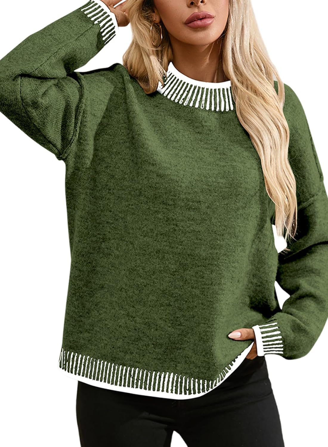 SHEWIN Womens Sweaters 2024 Casual Long Sleeve Contrast Mock Neck Knit Pullover Sweater Tops Fall Clothes