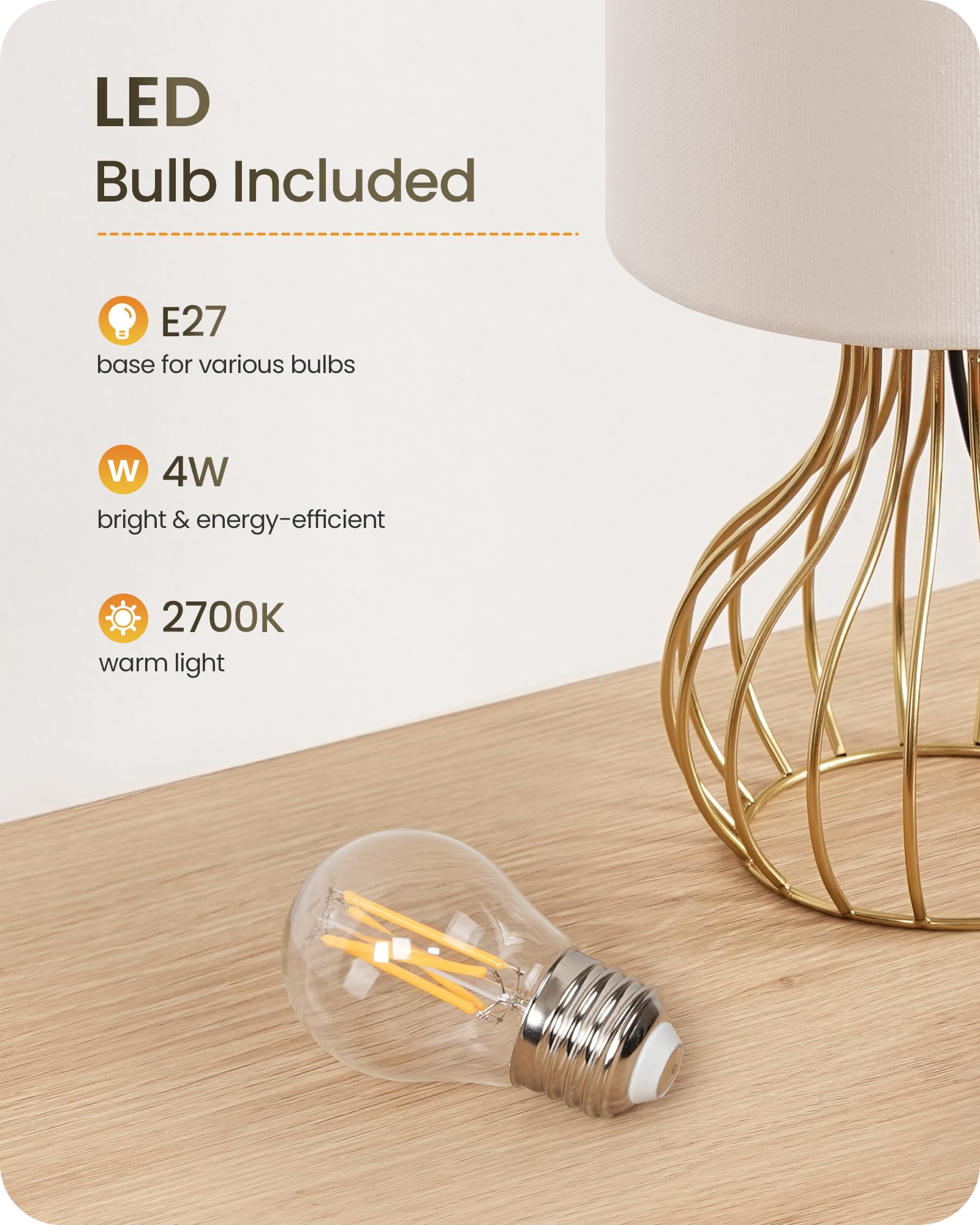 GOEBELSON Bedside Lamp, Gold Table Lamp with Metal Cage & White Linen Lampshade, Modern Bedside Lamps - Image 2
