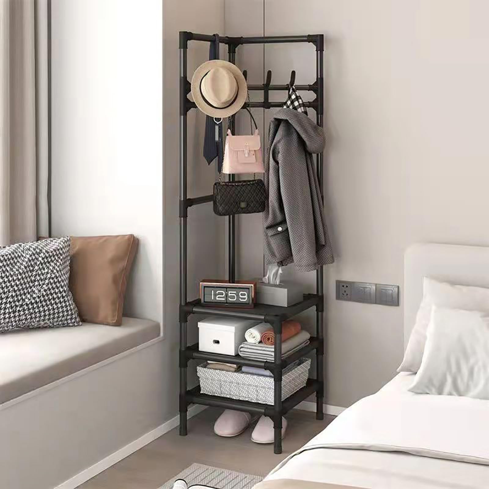 MYUYEE Coat Rack For The Entryway, Coat And Shoe Rack, Coat And Shoe Rack, Storage Orga For The Entryway For Bedroom, Hallway, Office Black, 2 Layers(Schwarz-3 Layers)