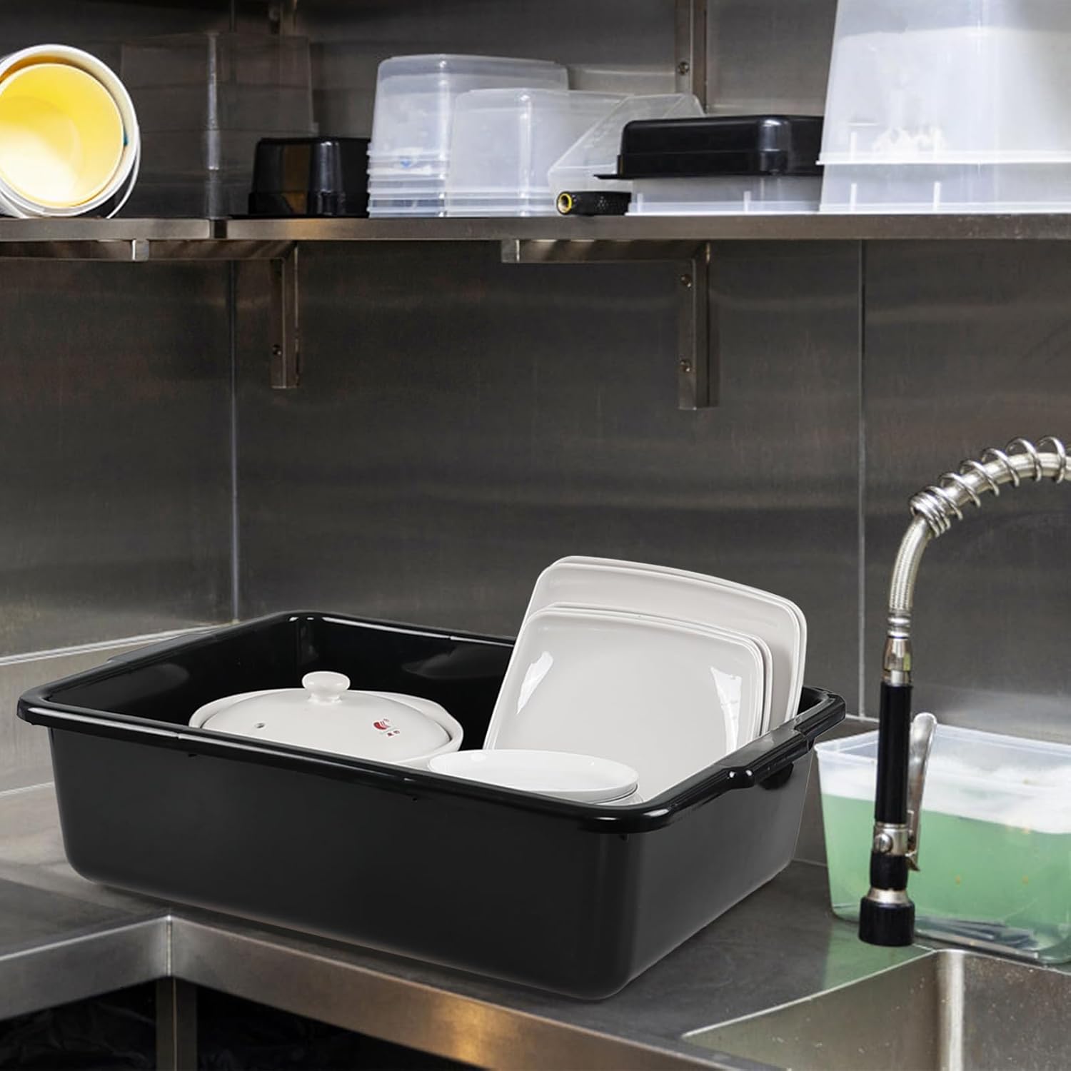 4-Pack 32L Large Commercial Bus Box, Plastic Wash Basin Tub, Black