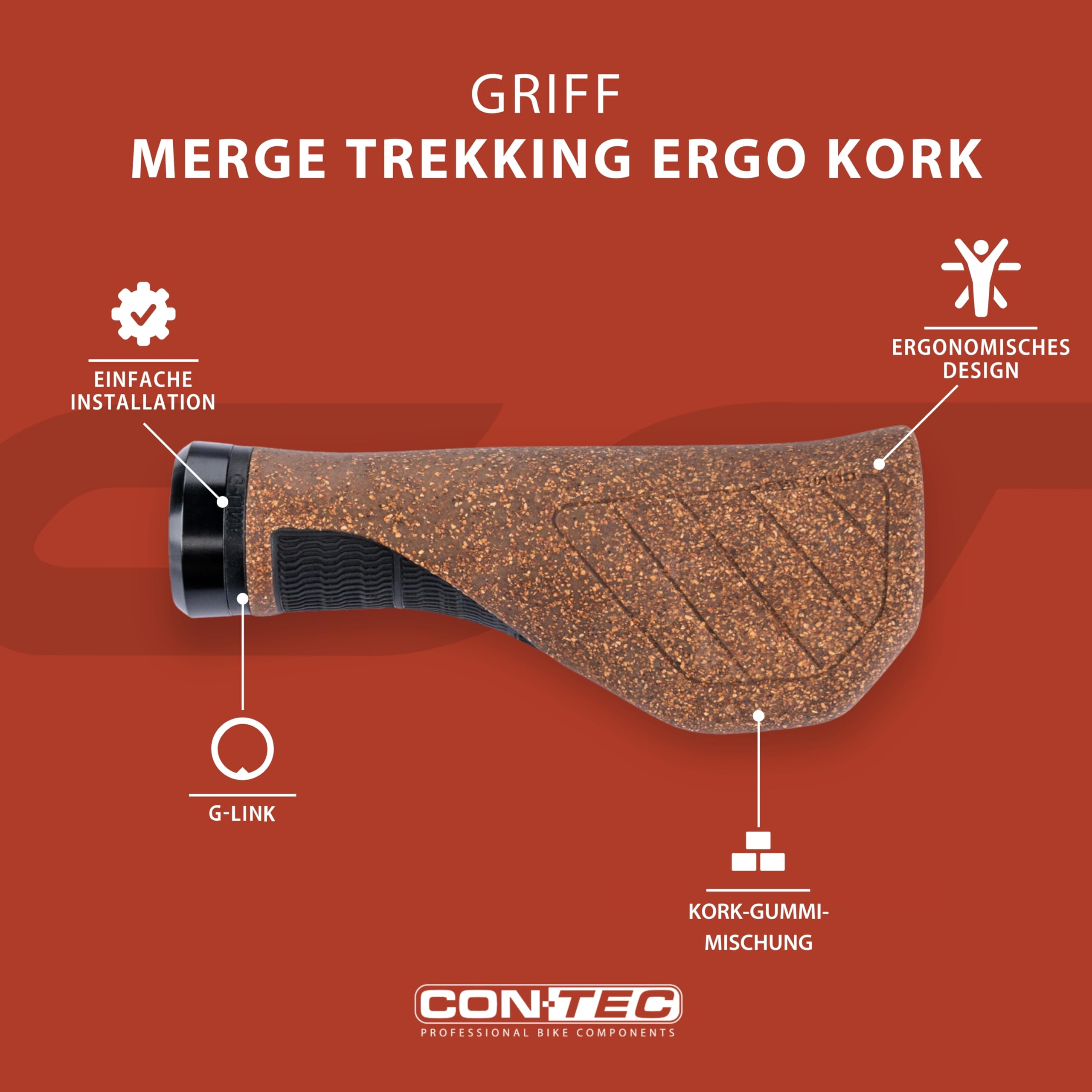 CONTEC Fahrrad-Griffe Merge Trekking Ergo Kork, 140 mm, D3-Dreikomponenten, G-Link-System, Ergonomisch, Stoßdämpfend, Atmungsaktiv, braun, Paar