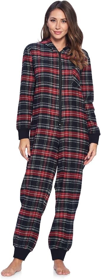Ashford & Brooks Womens Flannel Hooded One Piece Pajama Union Jumpsuit