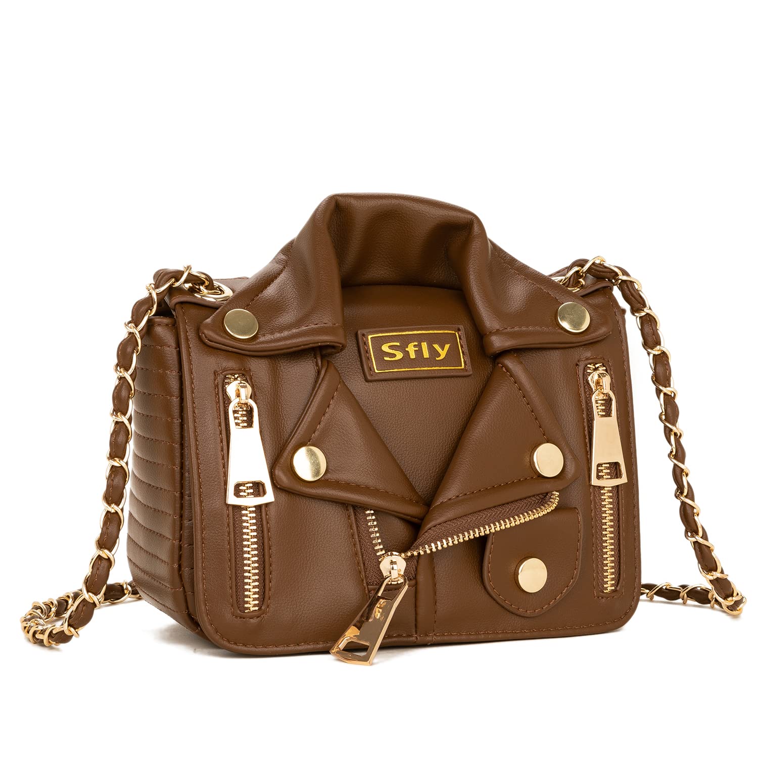 Sfly - Bolso bandolera de piel con cadena, tipo cartera, de mano, de noche, original, con forma de chaqueta, para mujer., A-Marrón, Medium
