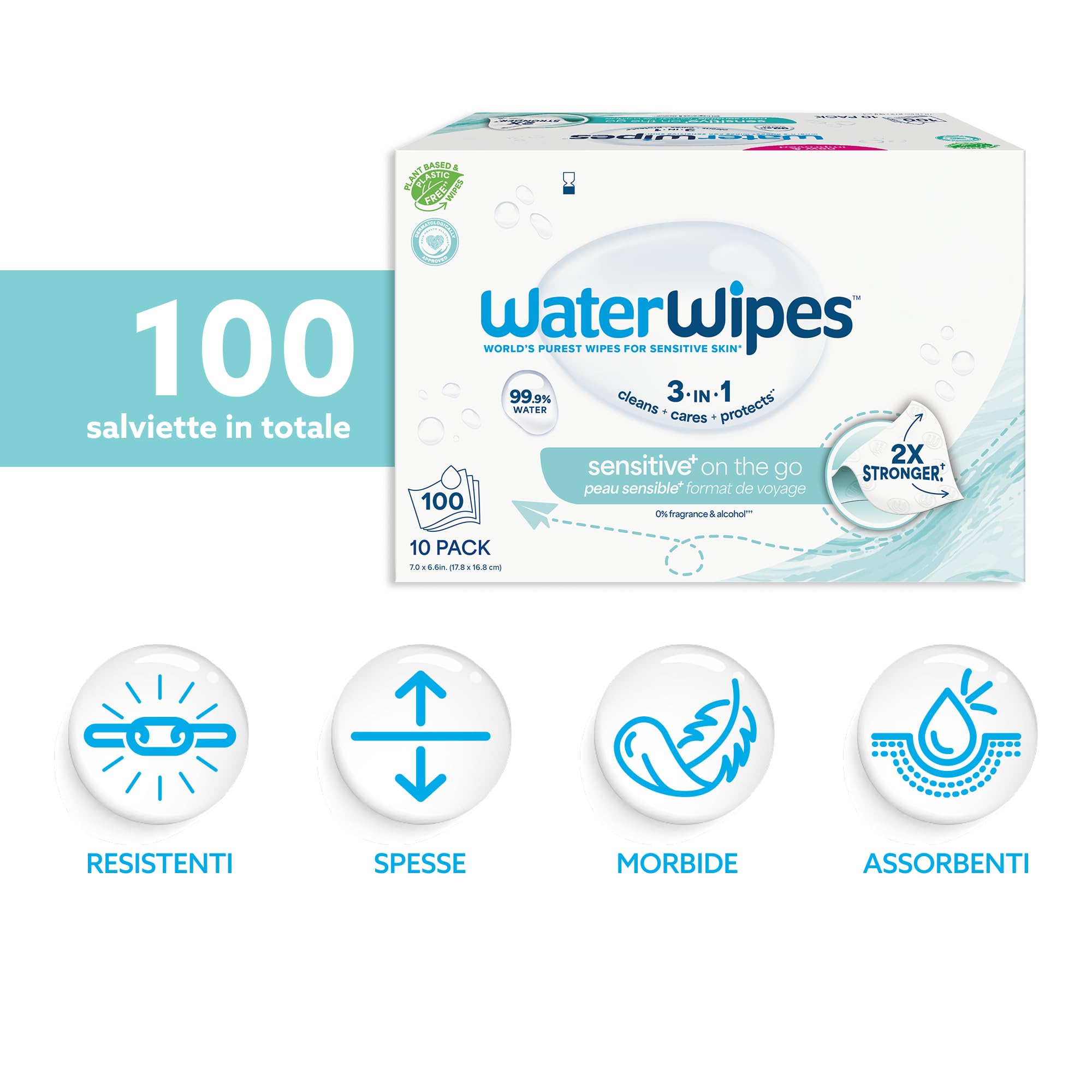 WaterWipes Sensitive+ On The Go Wipes, Salviettine On the Go, 100 Pezzi (10 Confezioni), Deterge, Cura, Protegge, 99,9% Acqua, Salviette Umidificate Senza Profumo