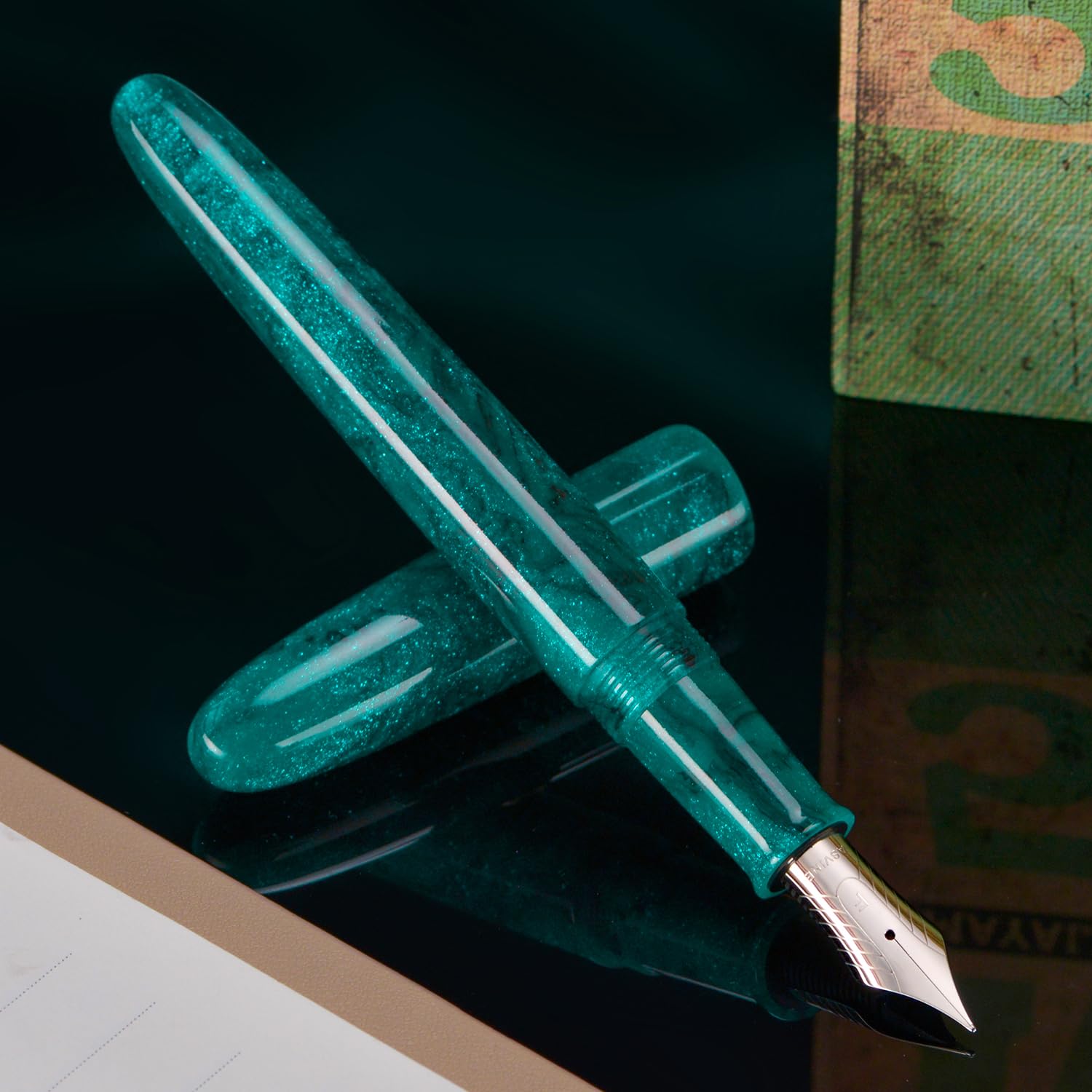 Asvine Penna stilografica C80 n. 8, pennino da 1,1 mm, penna grande per calligrafia, disegno artistico, con convertitore, set da collezione (verde glitterato)