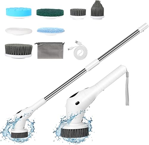 Electric Spin Scrubber - Cordless Shower Cleaning Brush with 8 Replaceable Heads - 2 Speeds & Extension Handle - Power Scrubber for Bathroom, Tile,