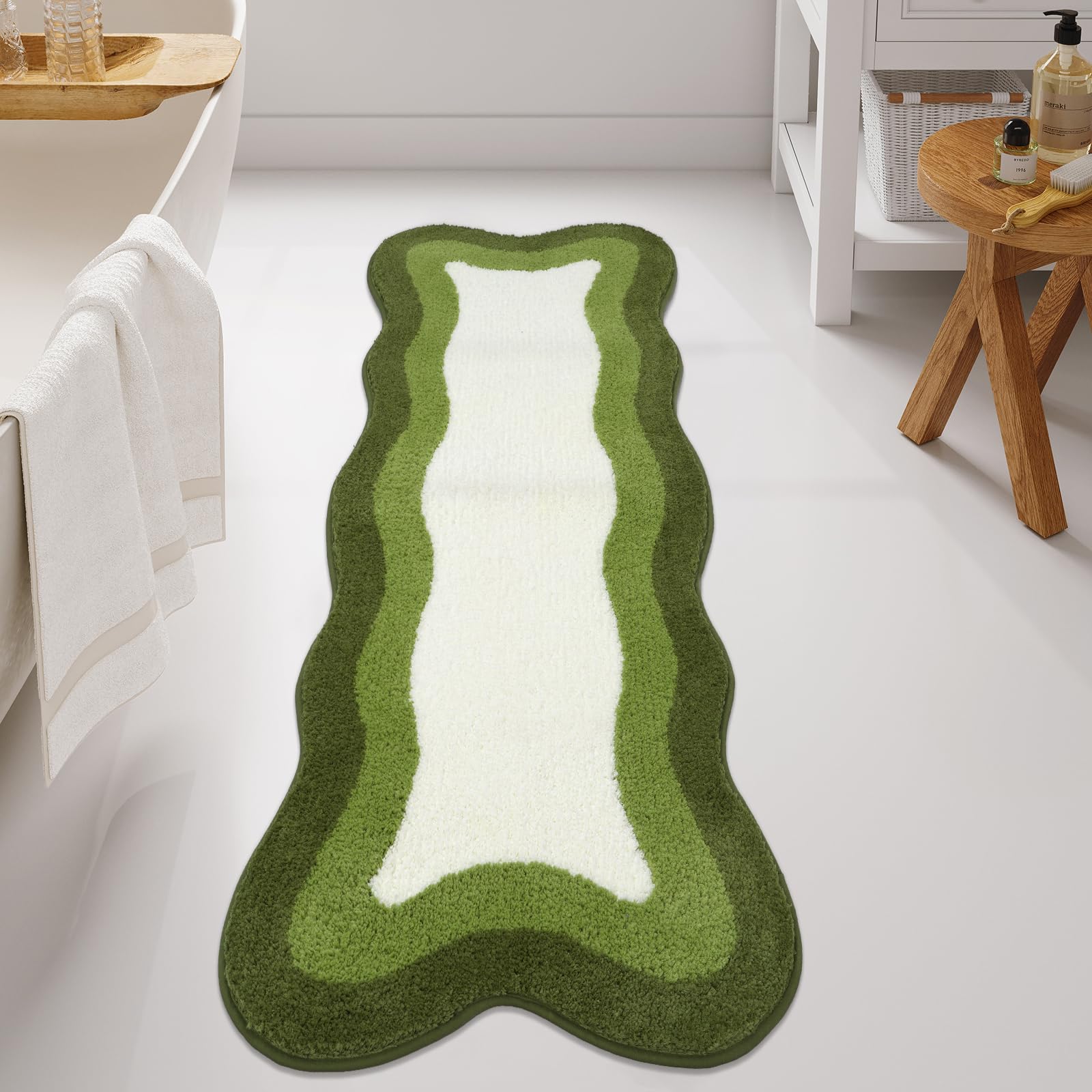 HAOCOO Luxury Soft Large Bathroom Rugs, 24x59 Inch Long Bathroom Rugs Non Slip Washable, Green Irregular Shaped Rug Absorbent Bathroom Mat for Bedroom
