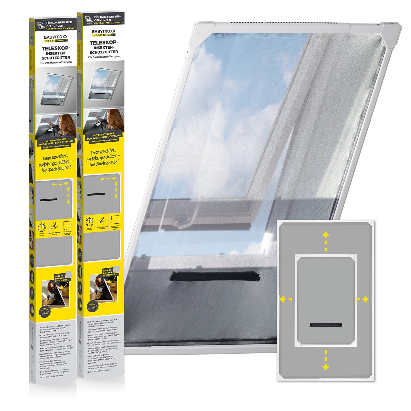 EASYmaxx Insect Protect Teleskop Fliegengitter Fenster mit Rahmen und integriertem Netz | Dachfenster Insektenschutz | Ohne Schneiden | Ohne Bohren | 63 x 93 cm bis 100 x 160 cm [2 Stück]