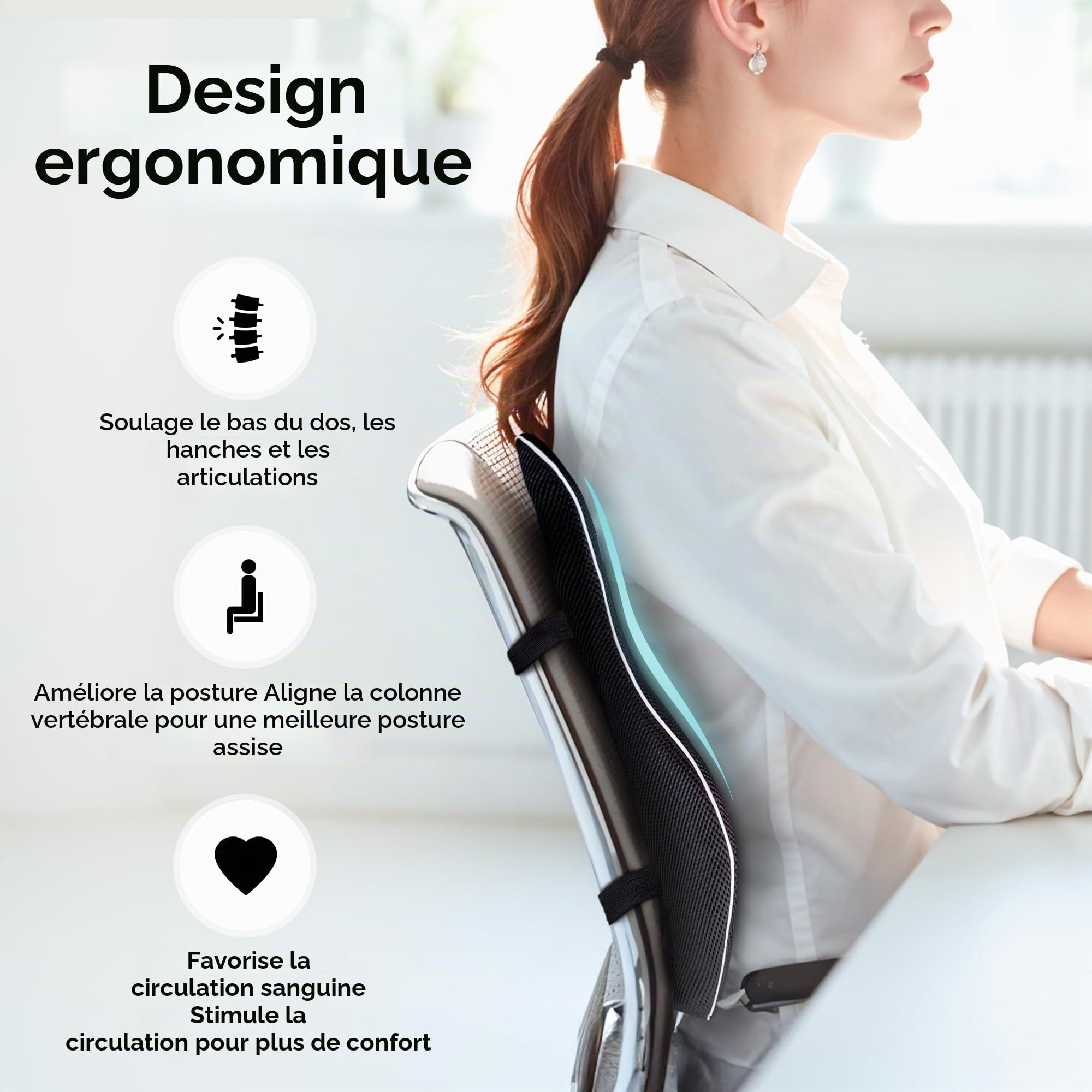 Comfortpad Coussin de soutien lombaire | Mousse à mémoire de forme pour soulager les douleurs dorsales | Soutien complet du dos | Pour chaise de bureau, voiture et maison | Housse en maille respirante