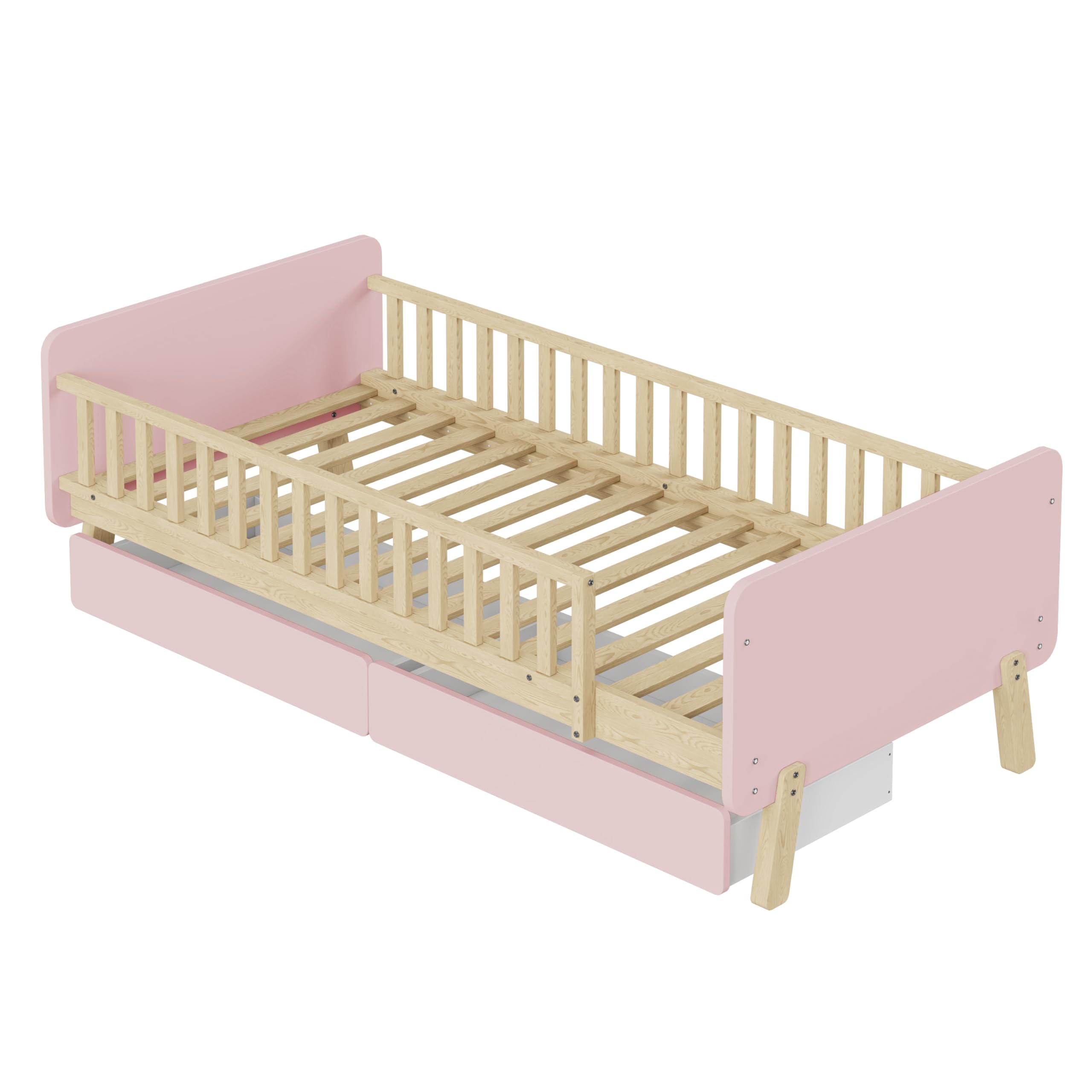 TIZZ Lettino per bambini 90 x 190 cm, con 2 cassetti, letto singolo in legno massello con rete a doghe, rosa