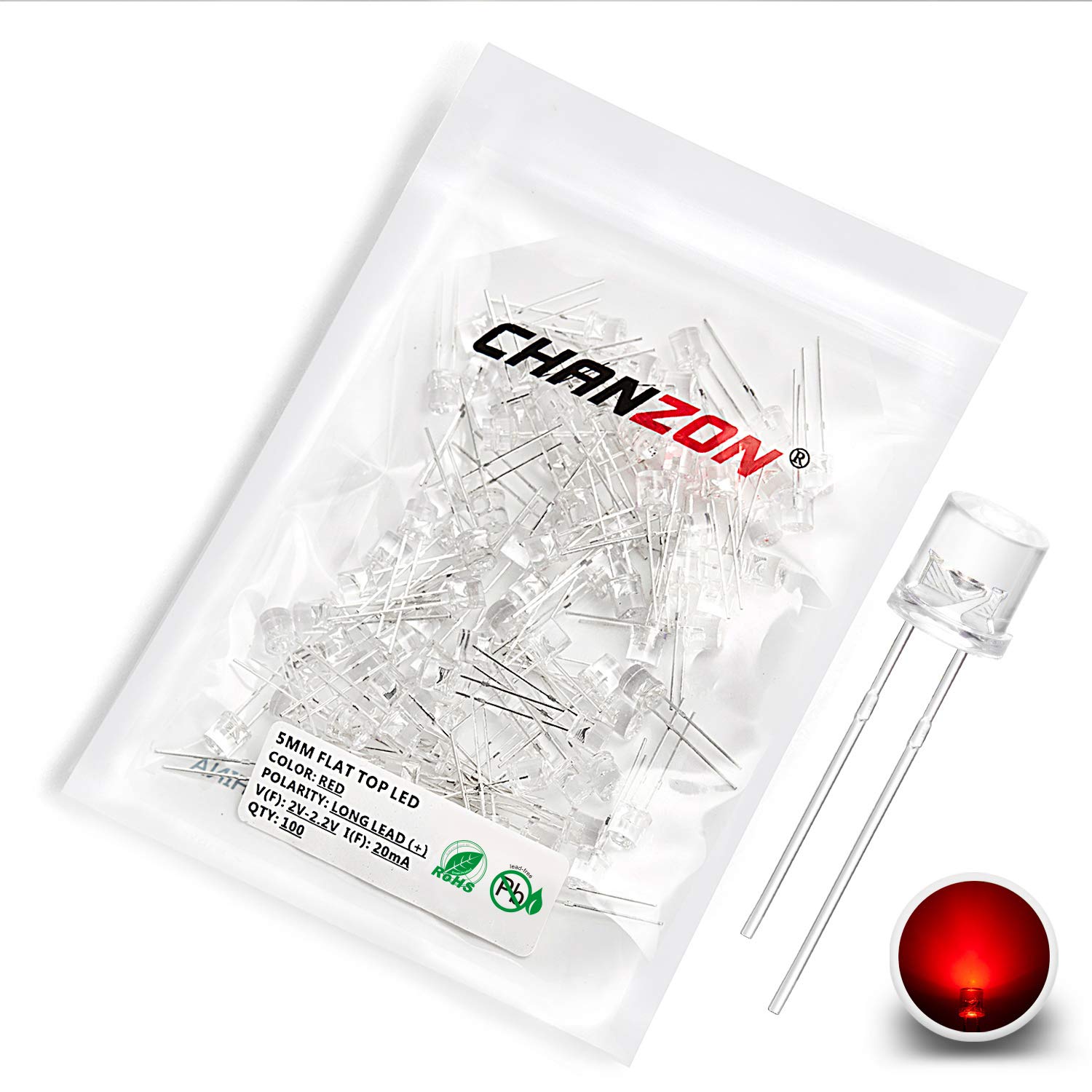 CHANZON100 pcs 5mm Red LED Diode Lights (Clear Transparent Flat Top DC 2V 20mA) Bright Lighting Bulb Lamps Electronics Components Light Emitting Diodes