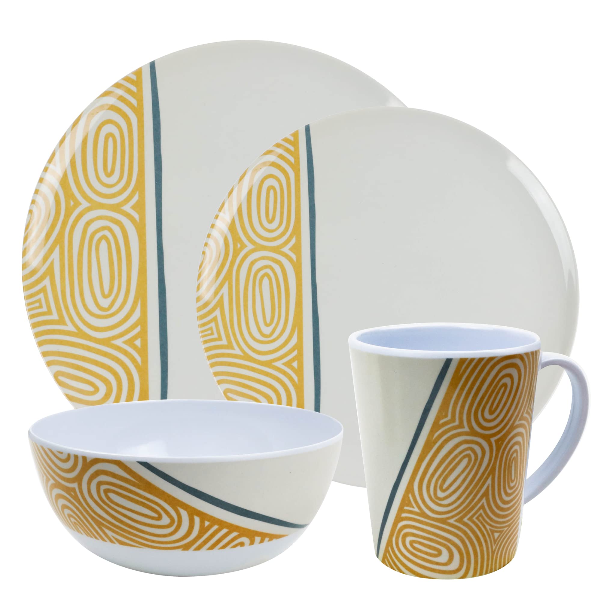 16-Piece Melamine Dinner Set Plates, Side Plates, Bowls, Mugs  Lightweight, Heat Resistant, Dishwasher Friendly Camping Motorhome Travel