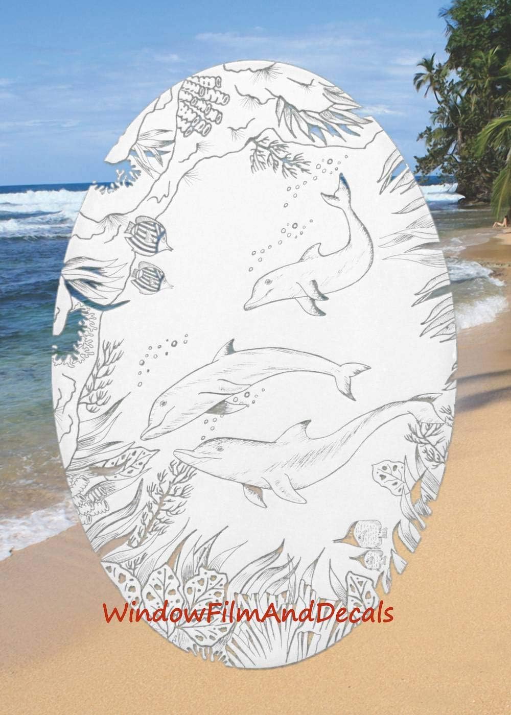 Dolphin Scene Oval Etched Window Decal Vinyl Glass Cling - 15" x 23" - White with Clear Design Elements