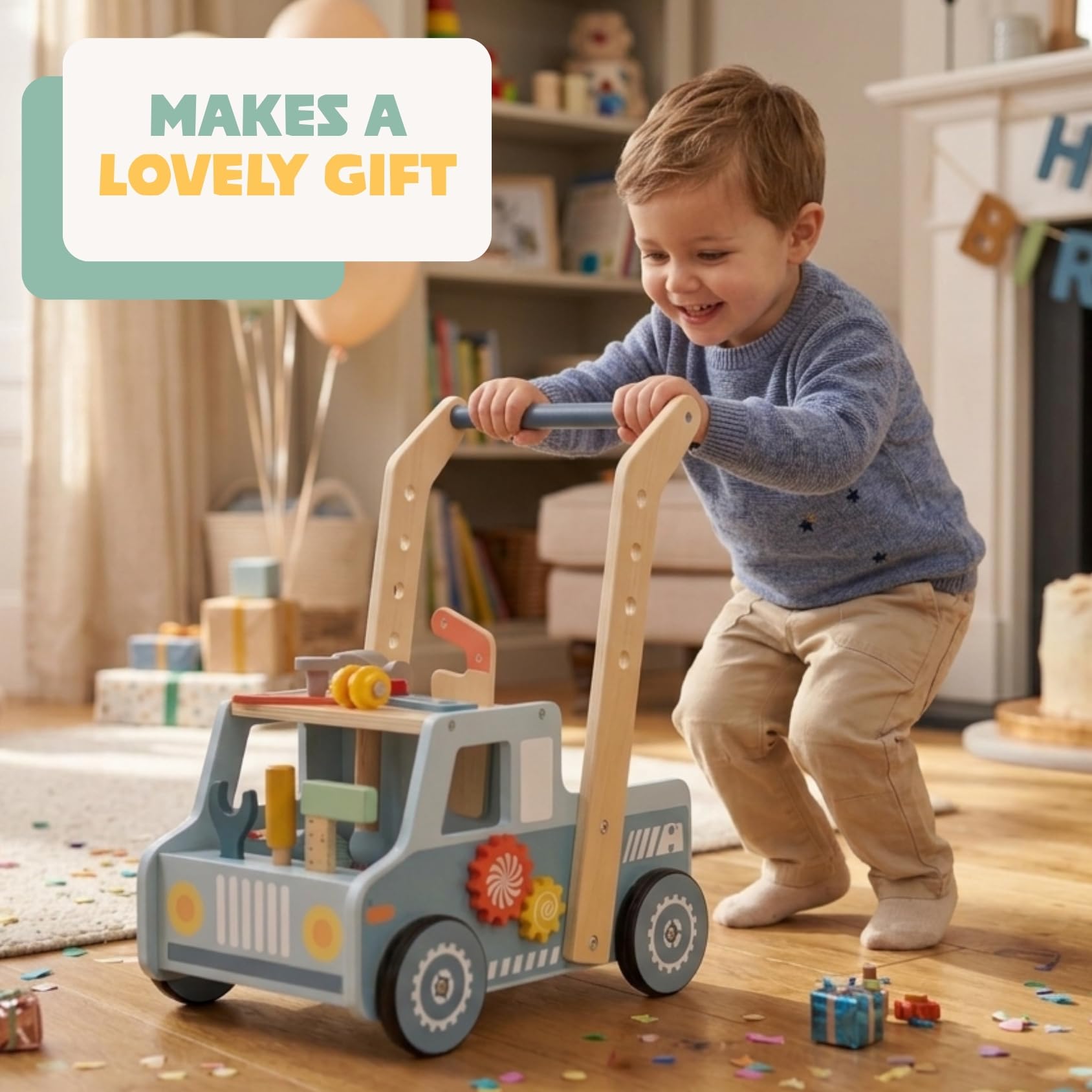 TOOKY TOY Wózek spacerowy z drewnianym stołem warsztatowym FSC - Chodzik dla dzieci z narzędziami i akcesoriami, edukacyjna zabawka montessori, rozwija zdolności motoryczne, poznawcze i społeczne