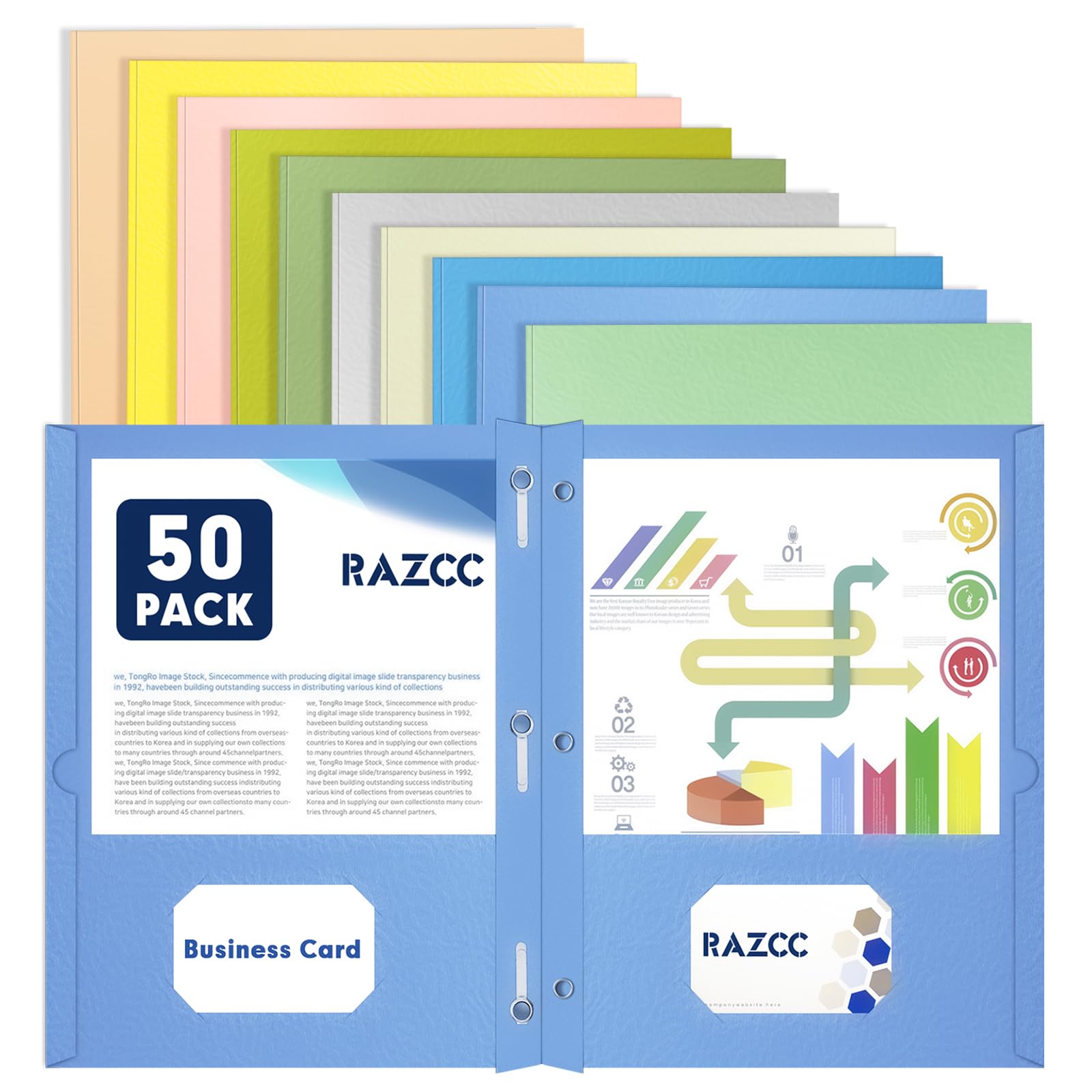 Two Pocket Folders, RAZCC 50 Pack Two Pocket Folders with Prongs, 3 Prong Folders Fit Letter Size Paper, Pocket Paper File Folders for School Office Home Business, Assorted 10 Colors