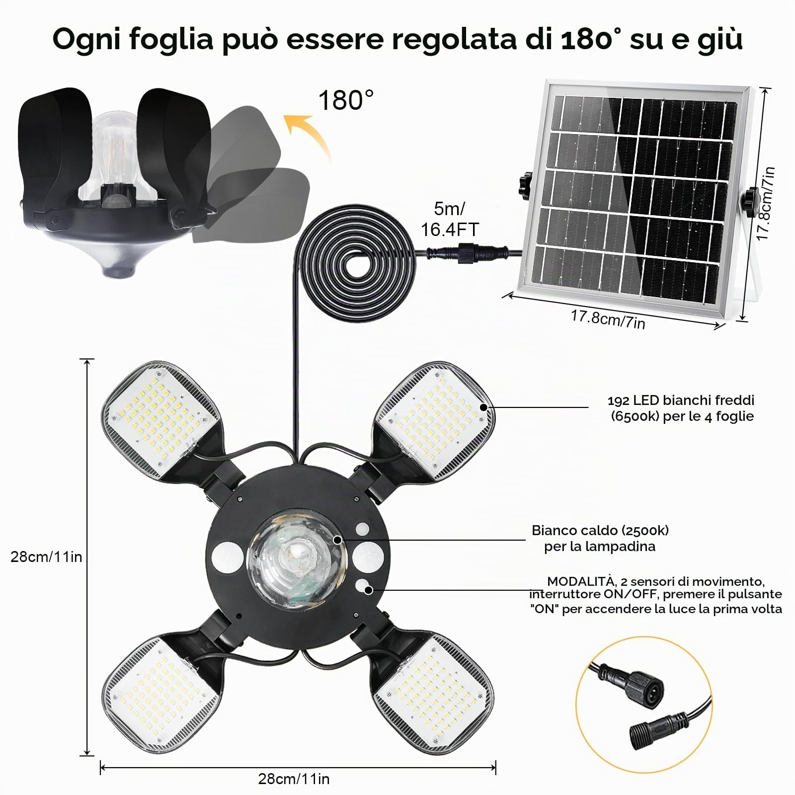 Eleganted Lampada Solare a Sospensione, Lampada Solare da Esterno con Telecomando, Lampada con Pannello Solare, Cavo 5M, IP65 Impermeabile,4400mAh per Interni ed Esterni Giardino Gazebo
