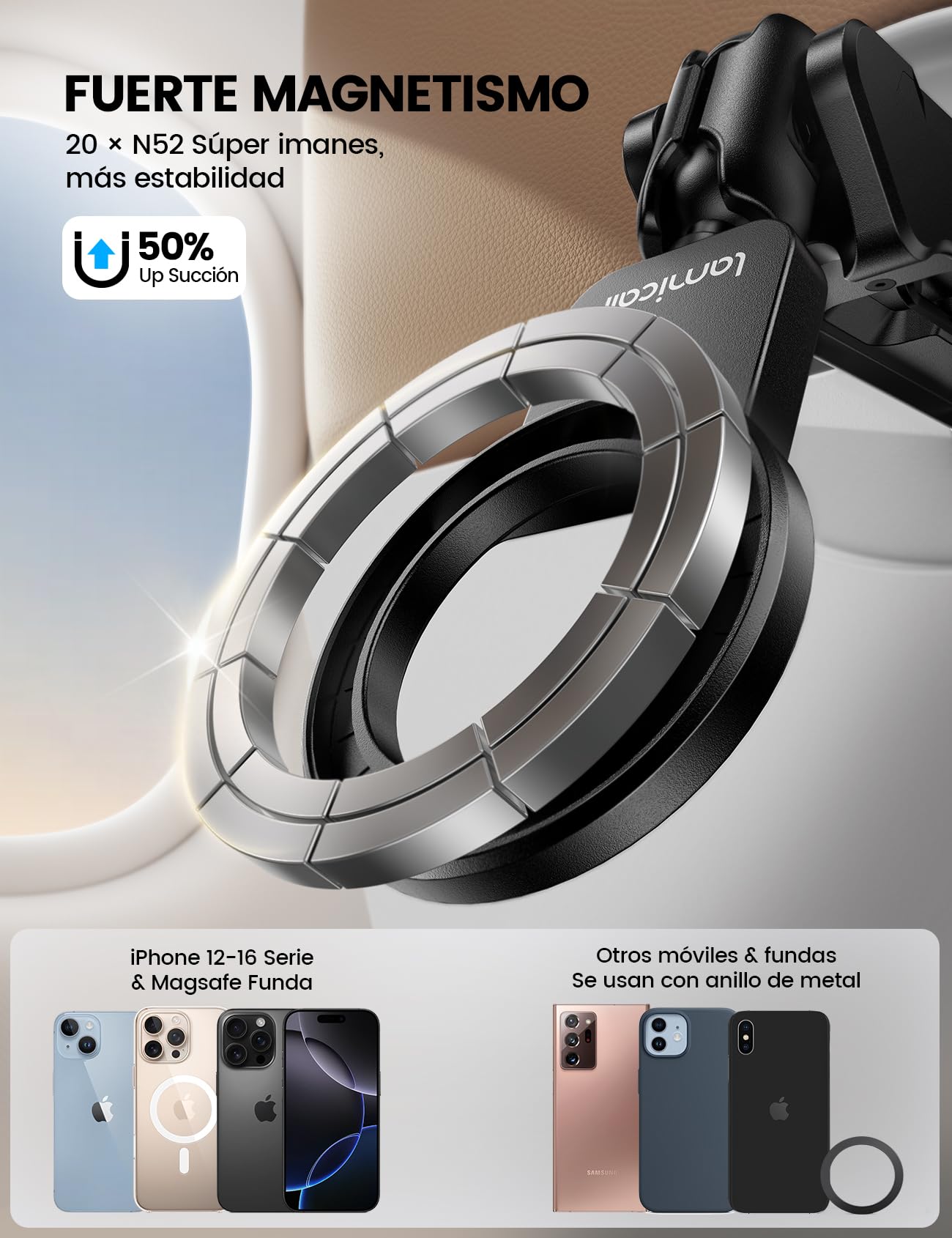Lamicall Soporte Móvil Mesa de Avión - Soporte Magnético para Teléfono Avión Plegable con Herramientas Ajuste, 360° Rotación, Manos Libres, Apto para iPhone 17/16/15/14 y Otros Smartphones de 4,7-7"