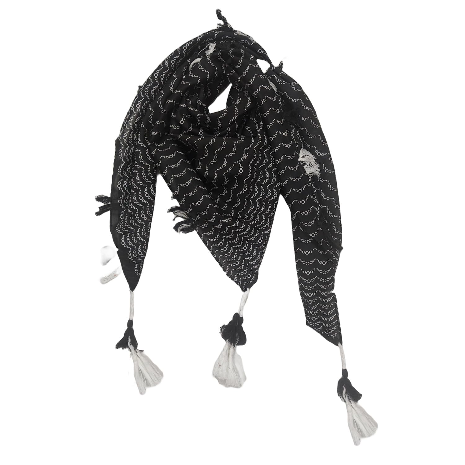 Cotton Scarf, Black with White Pattern, Square Shape with Tassels, Casual Style, Unisex, 100 x 100 cm-image-26