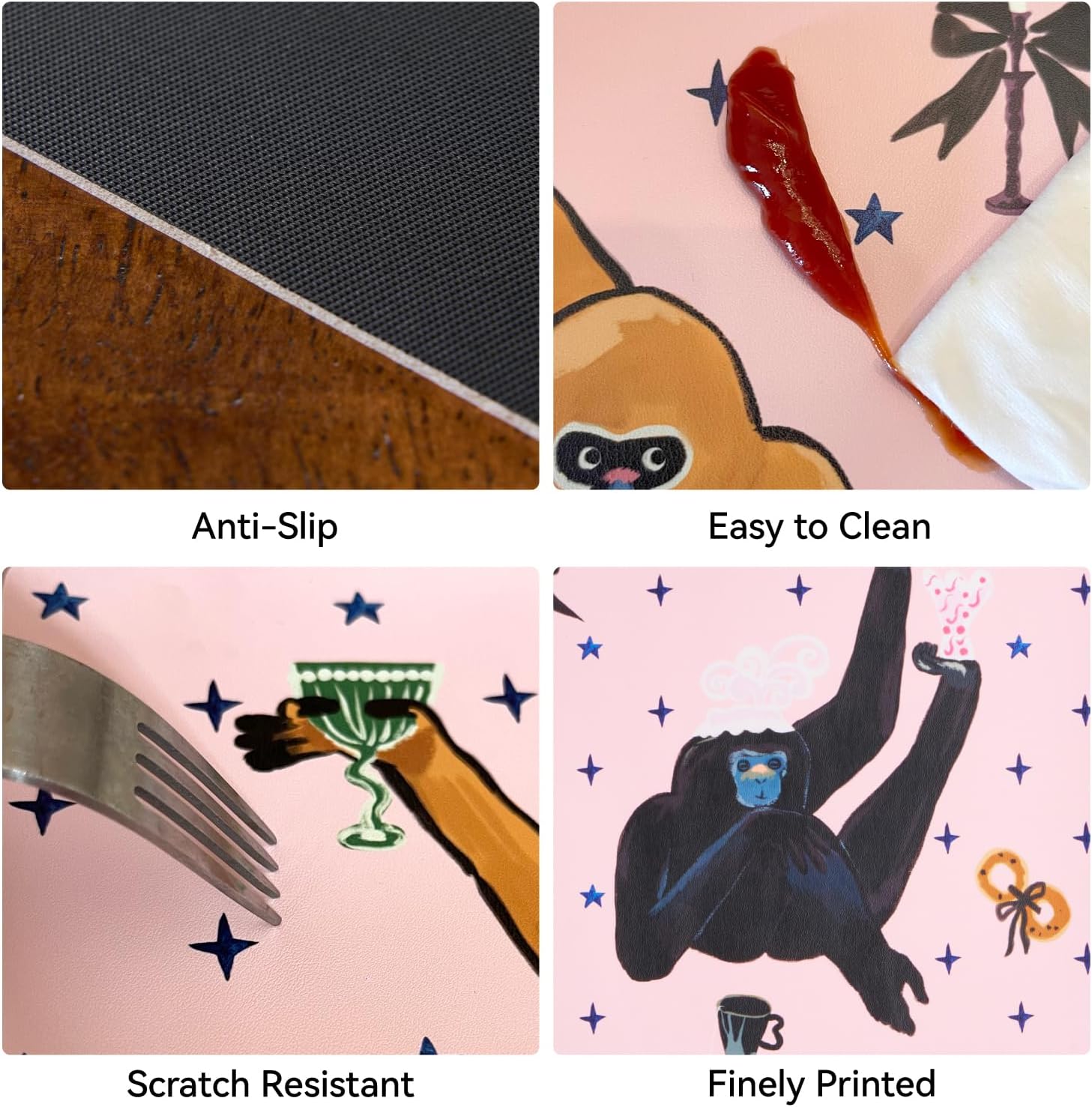 SAMCAM Artistic Faux Leather Placemats Set of 6, Waterproof Heat-Resistant Table Mats for Dining Coffee Office & Wall Art Decor, Colorful 17.7" x 11.8", Monkey Themes