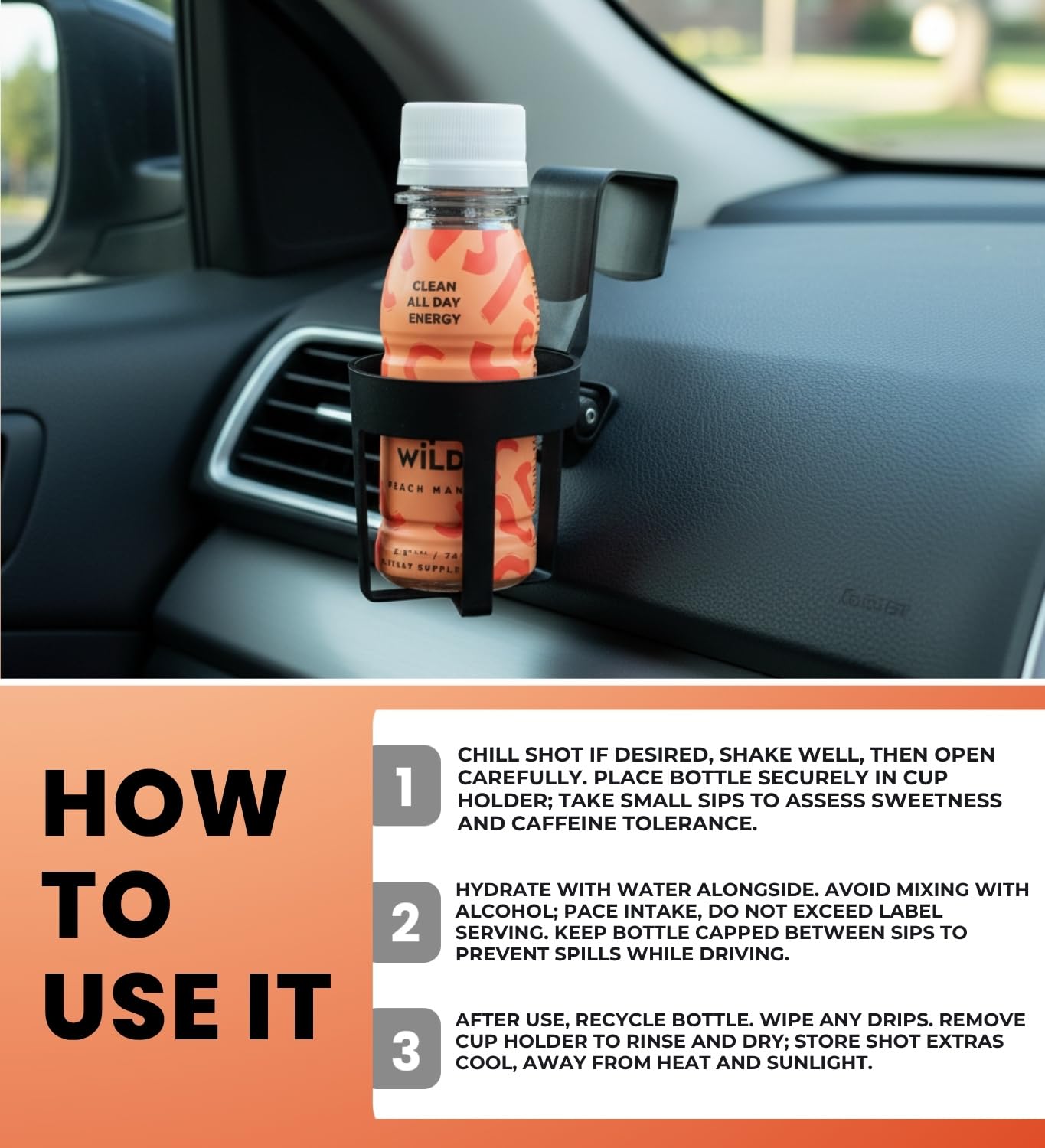 6x Energy Shot Peach Mango – 2.5 fl oz Bundle with Cup Holder – Refreshing Fruit Blend with Natural Caffeine and L-Theanine for Focus and Drive — Gift Set (7 Items)