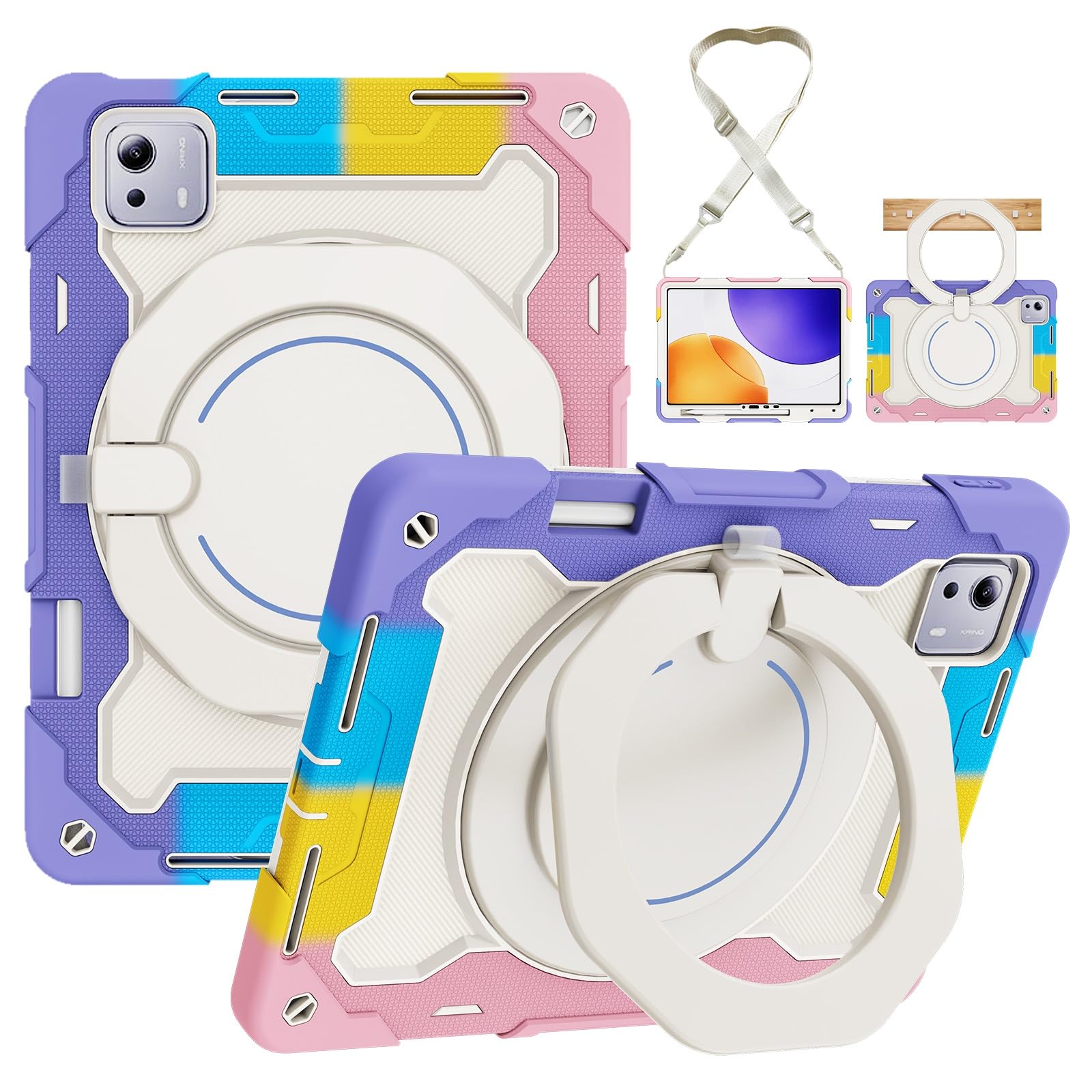 Pełne etui ochronne, wytrzymałe etui ochronne do Xiaomi Pad 7S Pro 32,5 cala, obrotowy stojak o 360°, pasek na ramię, uchwyt na ołówki i pierścień na uchwyt, odporny na wstrząsy pokrowiec dla dzieci i