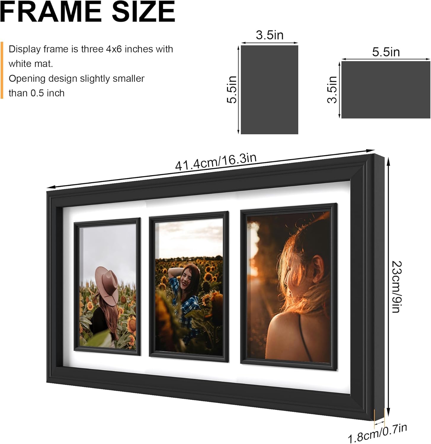 iRahmen 4x6 Collage Picture Frame with Tempered Glass - Wood Photo Frames Display Three 4 x 6 Pictures with Mat, Home Decor Wall Mount or Tabletop Display, Black