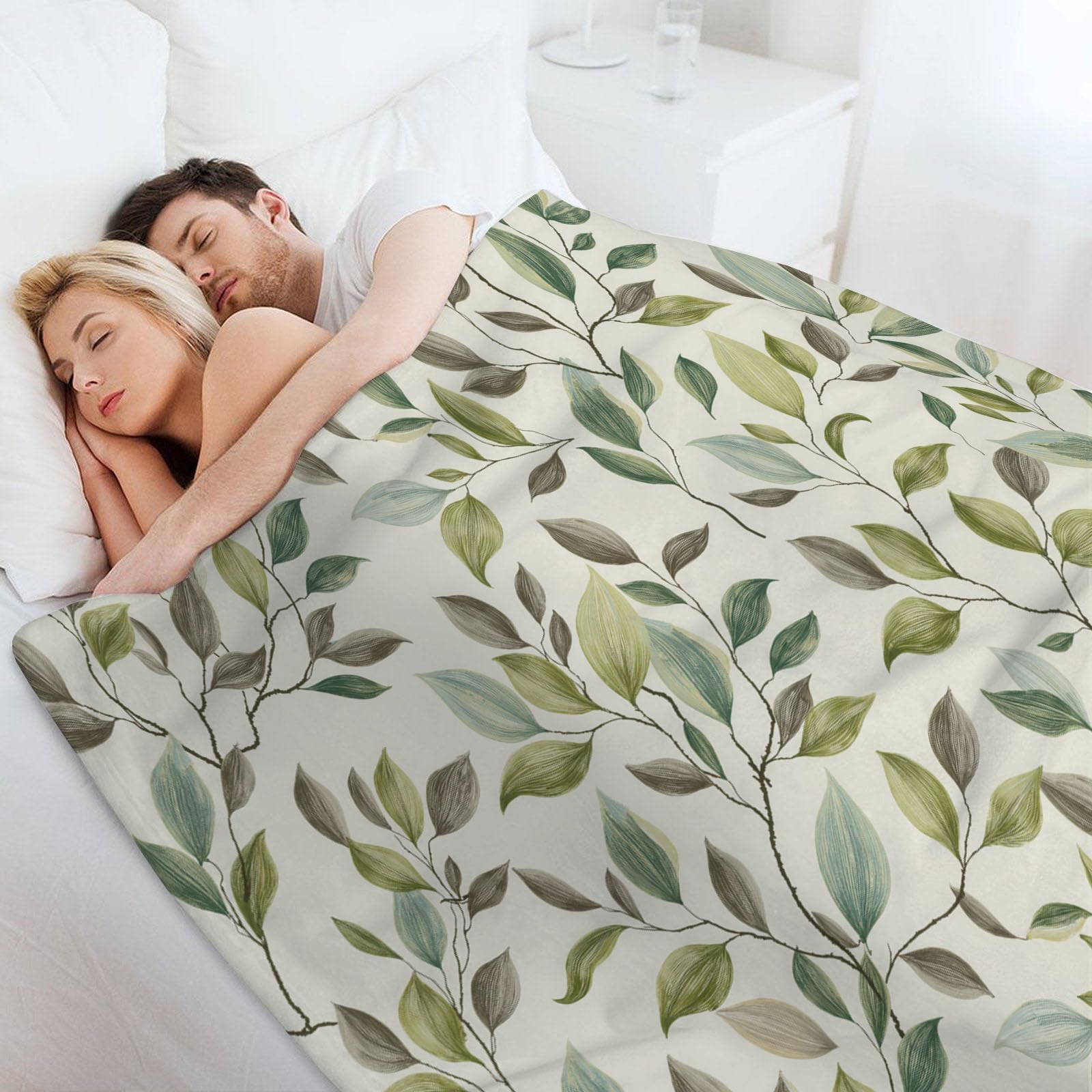 Manta Verde Claro - Manta con Estampado Hojas Y Ramas De Eucalipto Acogedora, Mantas Plantas Naturales Y Elegantes Franela Ligera Suave, para niñas niños Adultos Cama sofá 180x200 cm