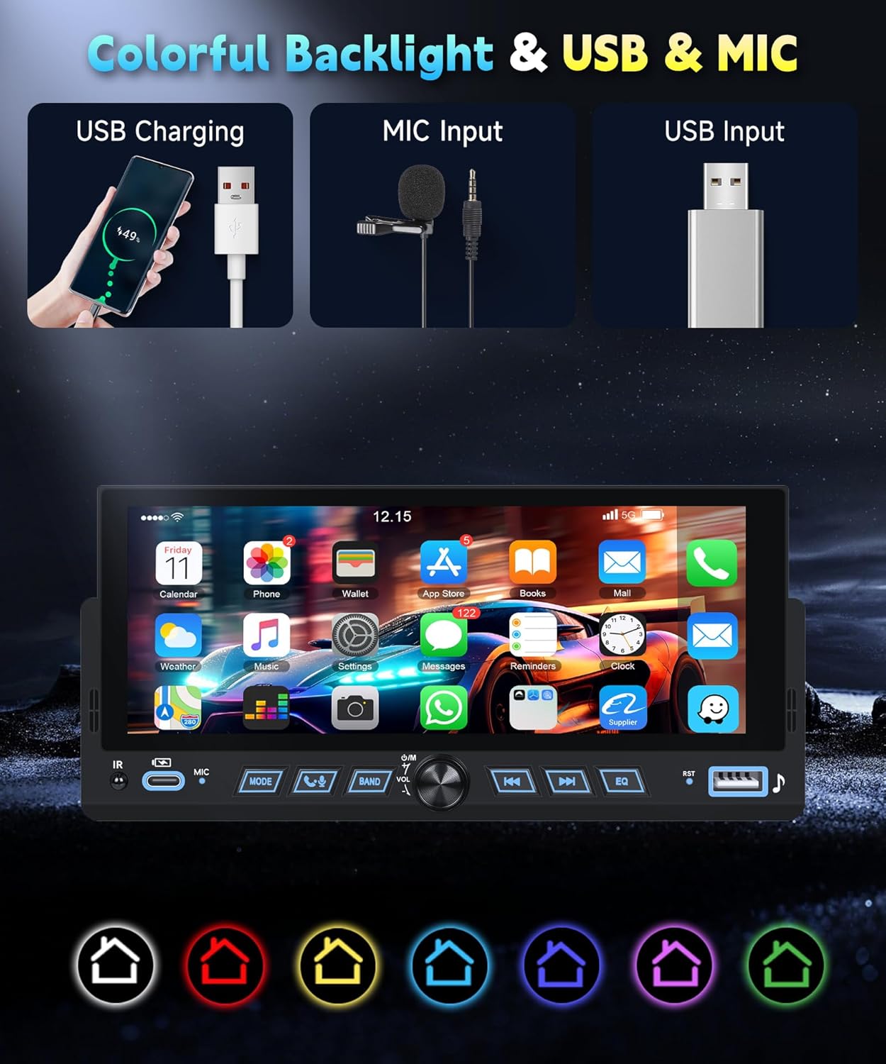 Single Din Car Stereo Carplay Android Auto, 1 Din Head Unit Bluetooth 5.2 Backup Camera, 6.86 inch HD Touchscreen Radio, FM EQ USB-Type-C, Mirror Link SWC, Voice Control, Car Stereo Receivers