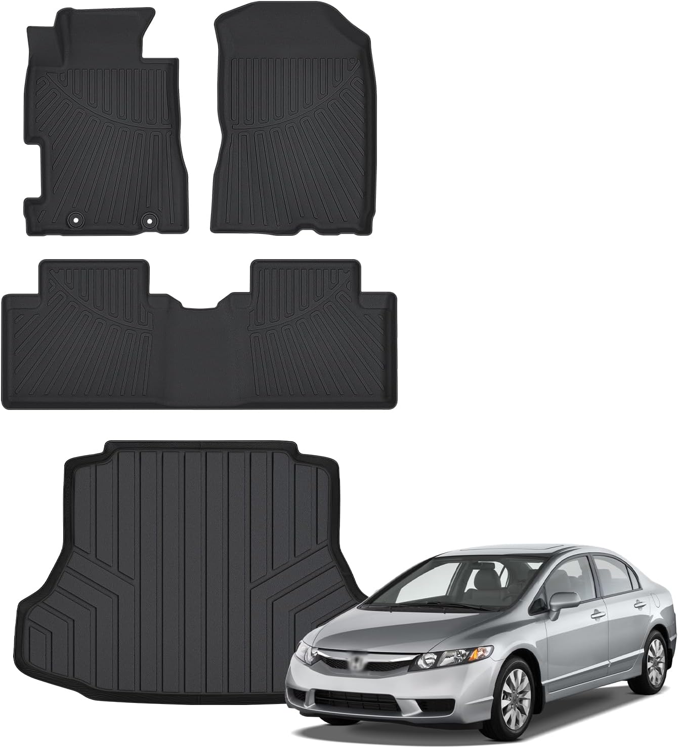 Floor Mats for 2006-2011 Honda Civic Gas Sedan Upgrade Trunk Mat All Weather TPE Floor Liners Fit for 2006-2011 Civic 1st & 2nd Row and Cargo Liner Anti-Slip Full Set Car Mats (Not for Coupe)