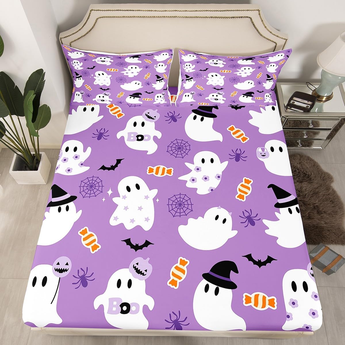 Castle Fairy Halloween Bed Sheet Set Full Size,Neon Watercolor Bat Fitted Sheet for Kids Teens Girls Room Decor,Gothic Starry Sky Bedding Set Horror Festival Bed Cover 3pcs with 2 Pillowcases