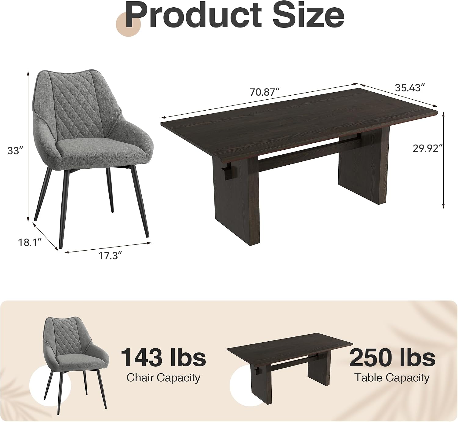 Clihome Dining Table Set for 6, 7-Piece Dining Room Table Set with 6 Upholstered Chairs, 70'' Large Wooden Kitchen Table, Fabric Chairs with Metal Legs, Grey