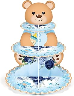 Zopeal 3 Tier We Can Bearly Wait Baby Shower Cupcake Stand Bear Cake Stand Cardboard Dessert Tower Baby Shower Cupcake Tray Holder Bear Table Decoration for Boys Girls Birthday Party Supplies