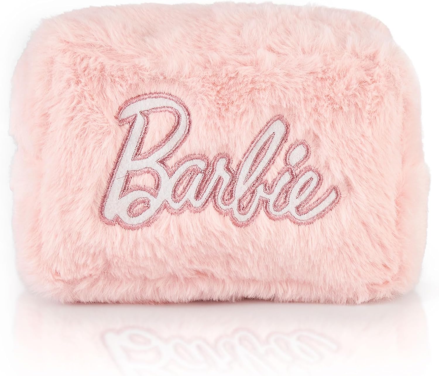 Barbie Womens Fluffy Makeup Bag | Ladies All Over Fur with Embroidered Logo in Pink | Classic Logo Zip Cosmetic Storage Bag