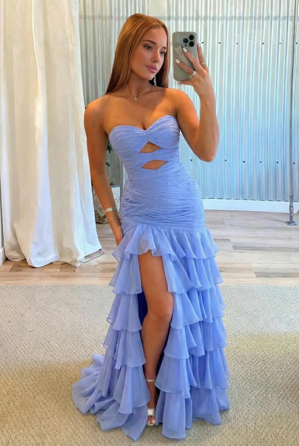 CuteMe Chiffon Tiered Prom Dress for Teens Ruffles Chiffon Evening Party Gowns with High Slit CC042