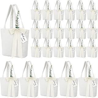 Paterr 75 Pcs Wedding Welcome Bags Bulk for Guests with Handle Canvas Gift Bag with Ribbon Eucalyptus Stems Cards for Wedding(Beige)