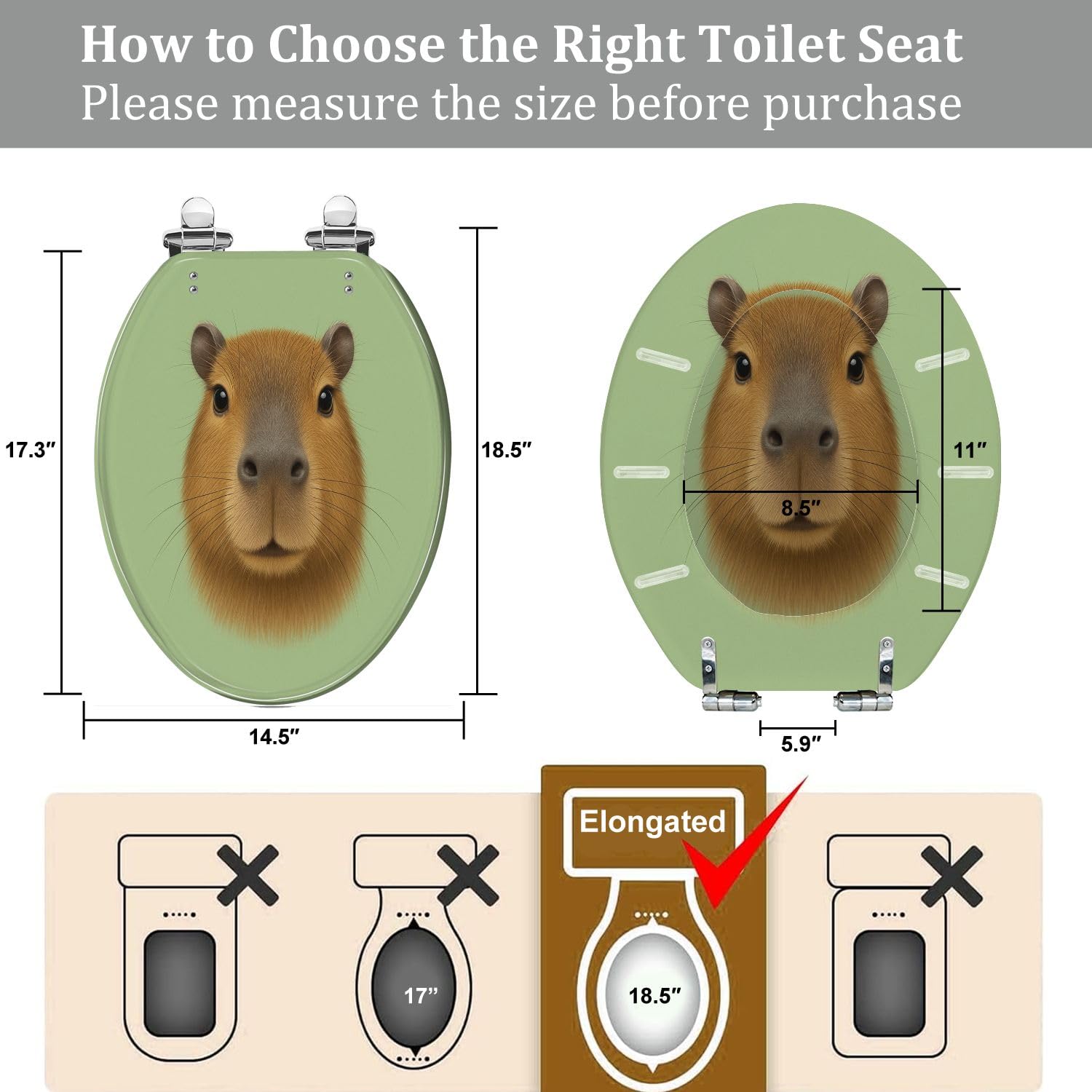 Elongated Toilet Seat Illustrated Portrait Capybara Cute face wild Capybara green Resin Toilet Seat Quietly Close Quick Release Hinges with Cover Bumpers Decorative Easy to Install Clean