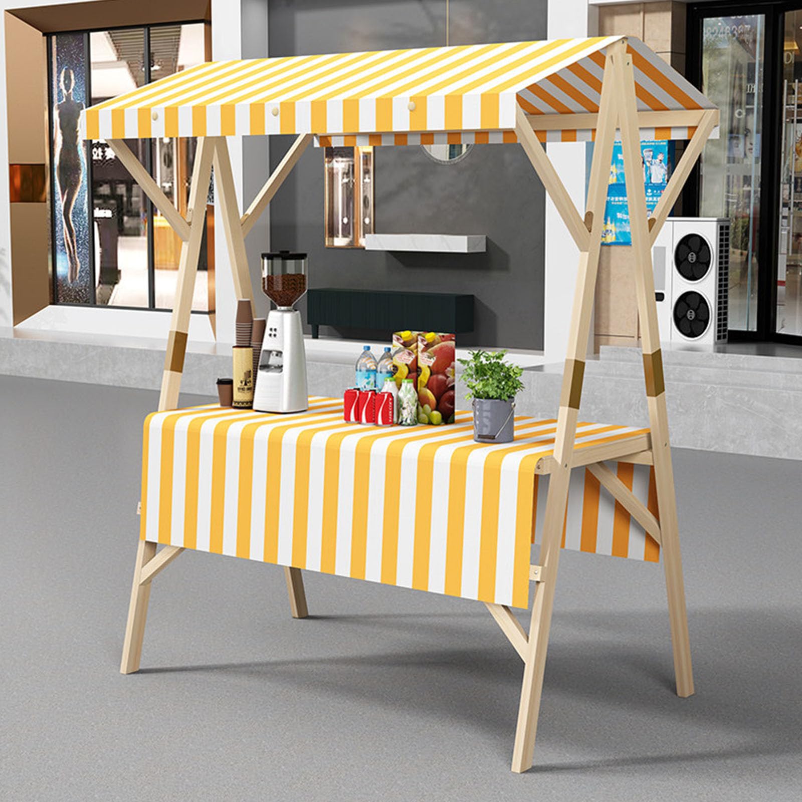 Carrello pieghevole per esterni con baldacchino - Piano di lavoro allargato 120x60cm per mercati, cibo da strada ed eventi - Facile da inserire, tavolo da esposizione giallo portatile