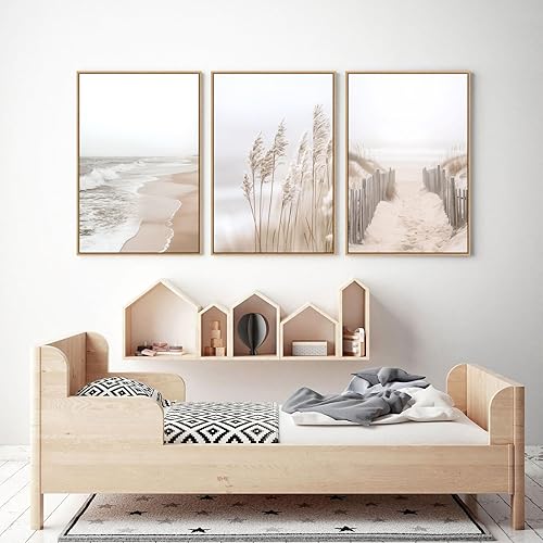 Miniatura 7 de Arte de pared de hierba de las pampas de playa neutra, impresiones en lienzo bohemio costero, decoración de pared, paisaje de orilla del océano,