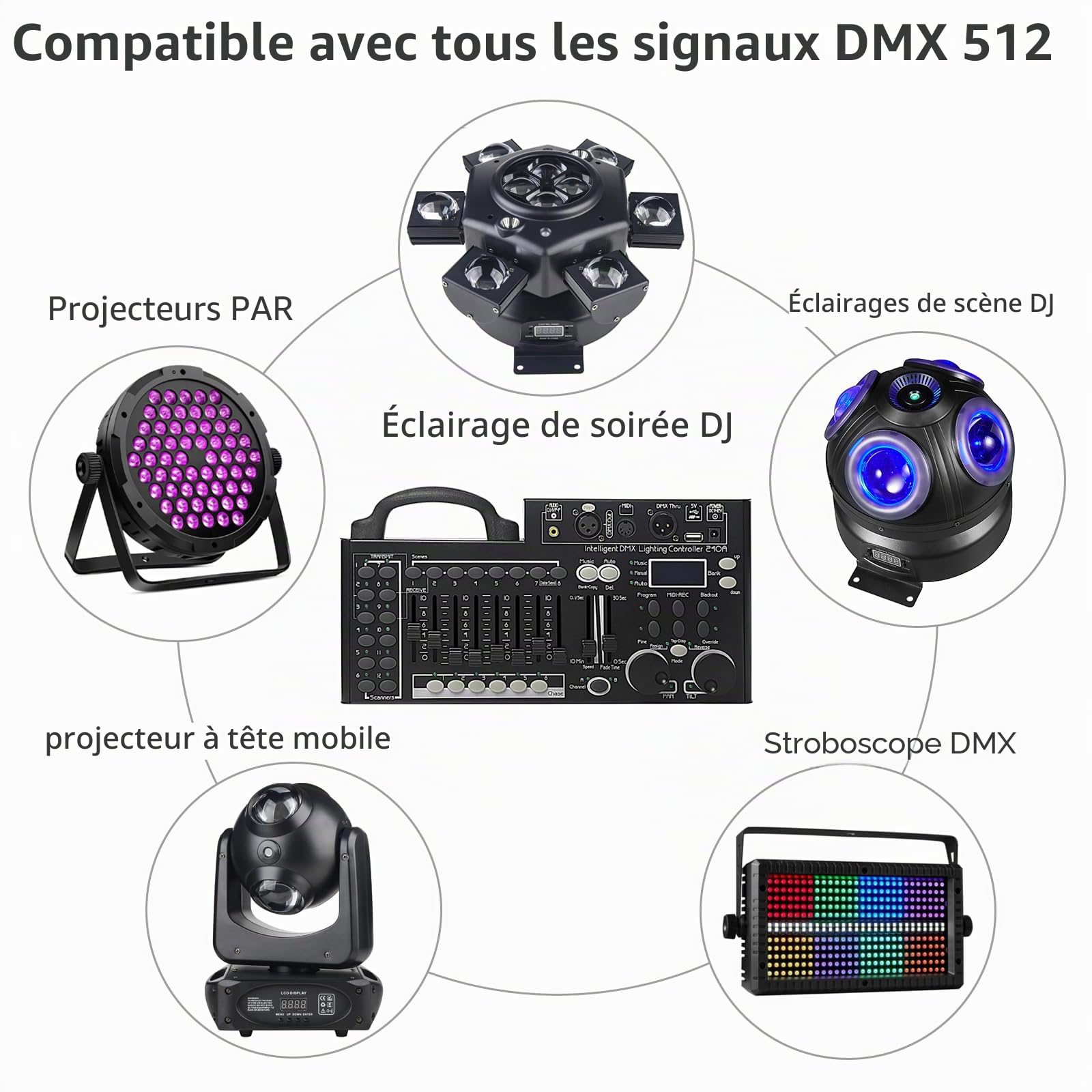Console d'éclairage DMX, contrôleur DMX 512 à 240 canaux pour lumières DJ, équipée d'une fonction de sauvegarde de données USB Noir