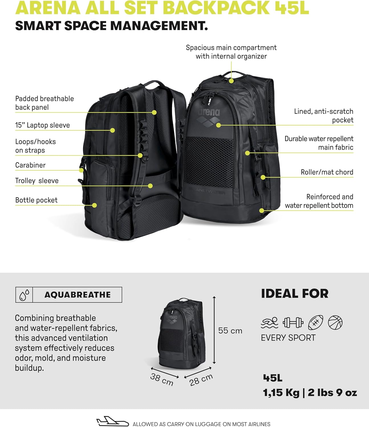 ARENA All Set Sports Swim Backpack Athletes Gym Rucksack Multisport Daypack Large Size Training Gear Equipment Bag 45 Liters
