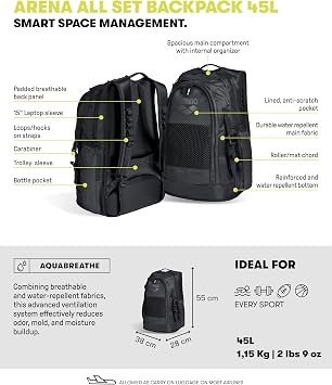Arena All Set 45L Swimming Pool Backpack, Travel, Sports and Leisure, Water-Repellent Travel Bag with Moisture Management Technology, Laptop Pocket and Trolley Strap