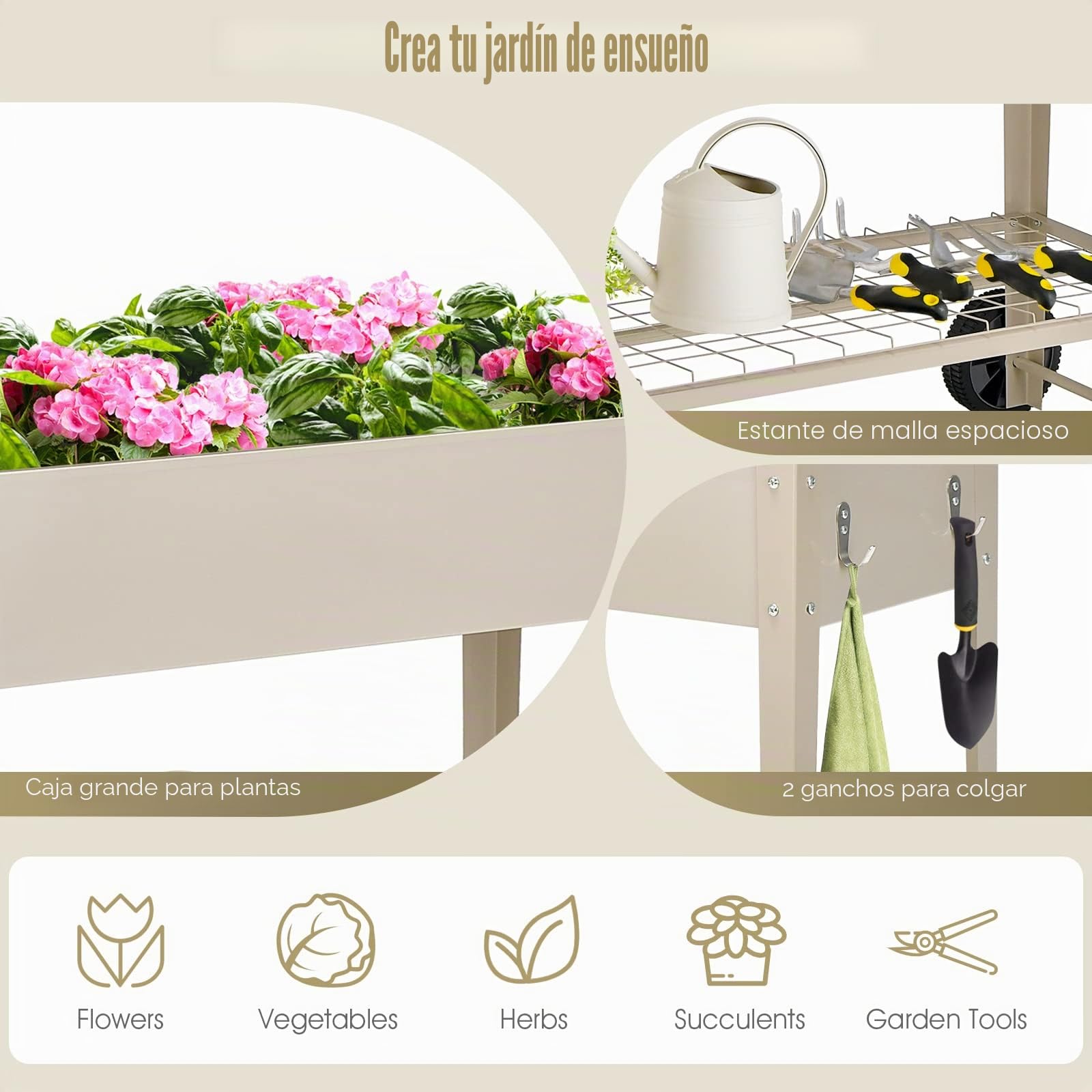 GOPLUS Huerto Urbano con Ruedas, Cama Elevada con Estante y 2 Ganchos para Herramientas de Jardinería para Verduras, Hierbas y Otros Vegetales, 95 x 40 x 80 cm (Blanco)