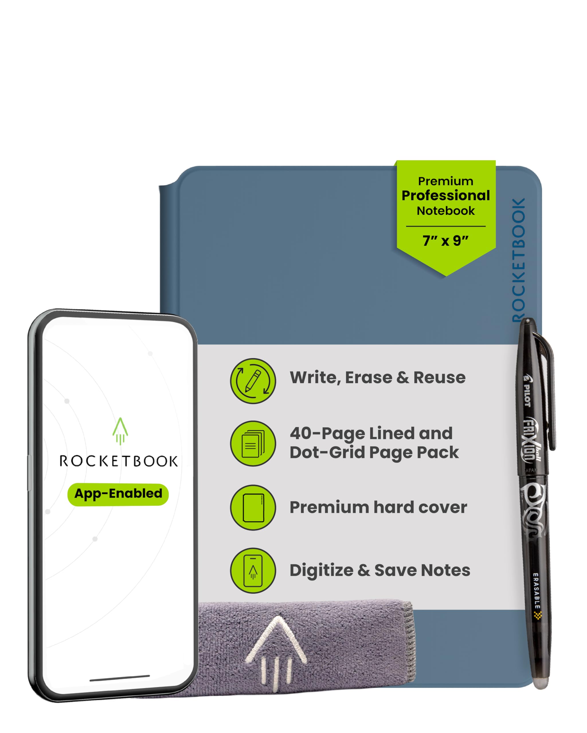 Rocketbook Pro Smart Reusable Notebook, Lined & Dotted Interchangeable Pages, For Work and Business Meetings, Executive 7x9, Blue