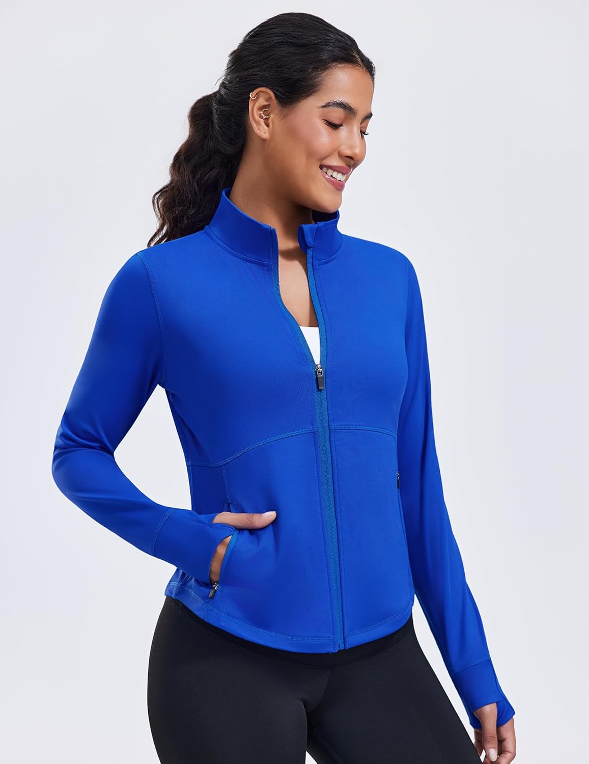 PINSPARK Women's Cropped Workout Jacket Lightweight Full Zip Running Jacket Comfy Slim Fit Athletic Jackets with Thumb Holes - Image 4