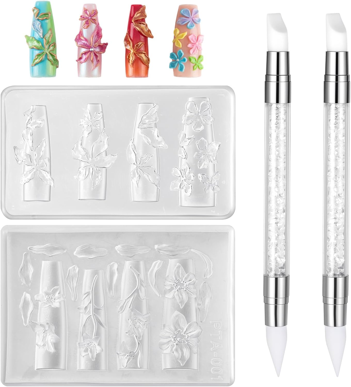 Silicone Nail Molds 2 Pack with 2 Carving Pens, Clear 3D Flower Mold for Nail Art, Beginner-Friendly Reusable Templates for Gel and Resin, DIY Manicure Supplies for Home Use