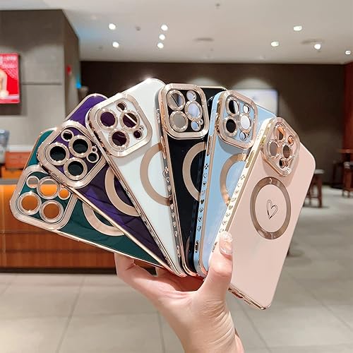Miniatura 6 de YKCZL Funda compatible con iPhone 13 Pro con MagSafe, funda magnética de lujo chapado en forma de corazón lindo y protección completa de lente de